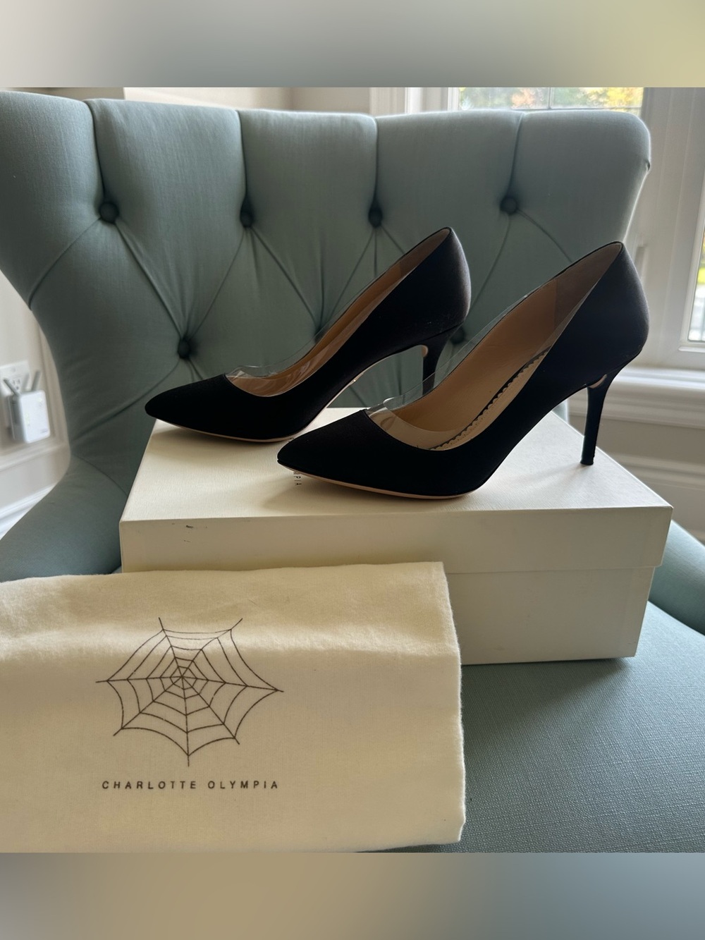 Charlotte Olympia Black Pointed-Toe Stiletto Pumps with Clear Detail